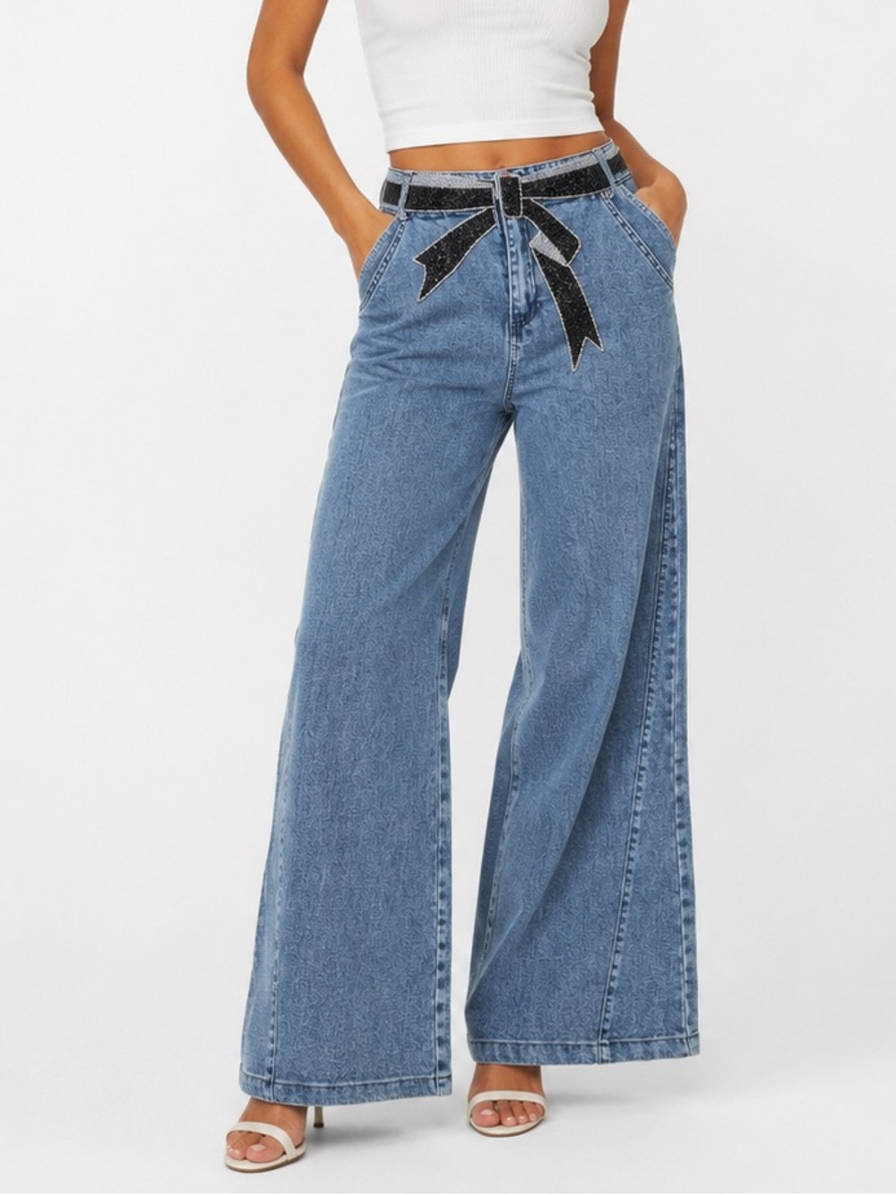 NEW La' Ros Wide Leg Jeans Bow Rhinestone Embellished Light Wash SMALL